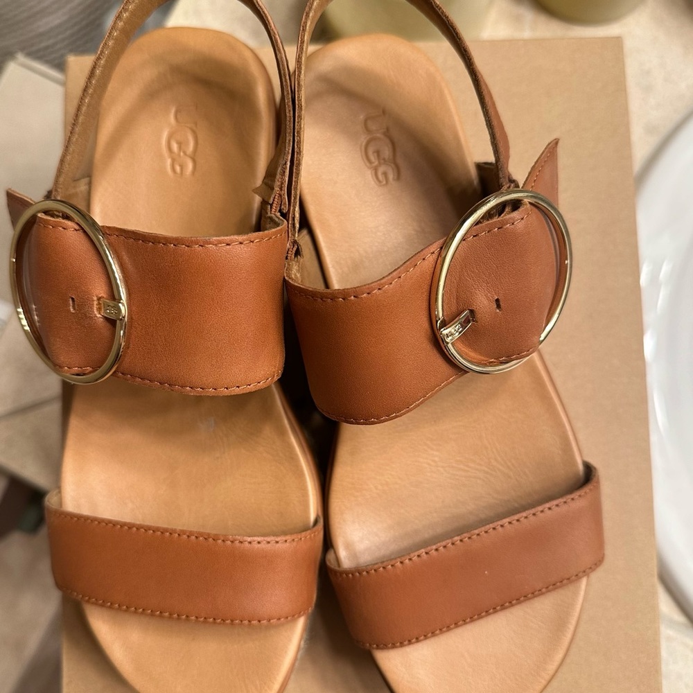UGG April Espadrille Platform Sandal size 7, tan leather